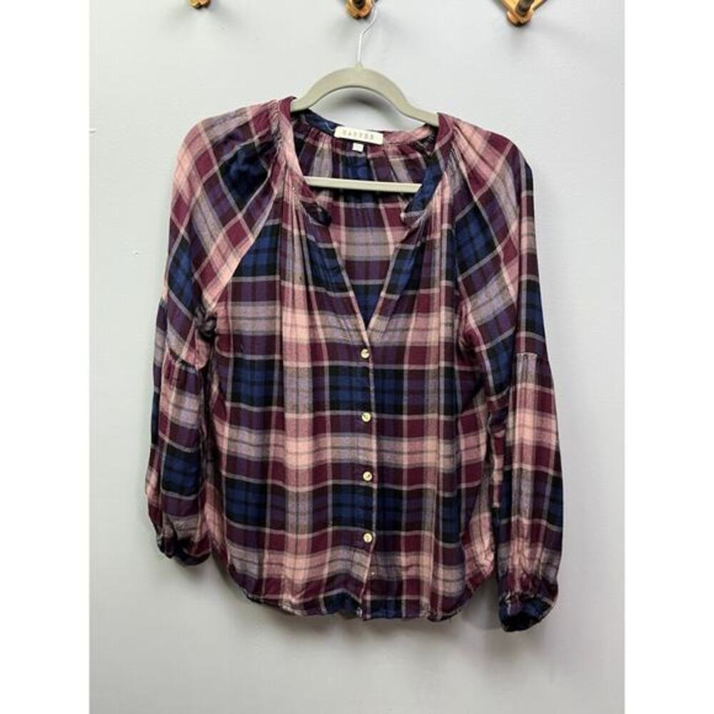 Harper Flannel Shirt Womens small plaid button front Blue Burgundy Preppy